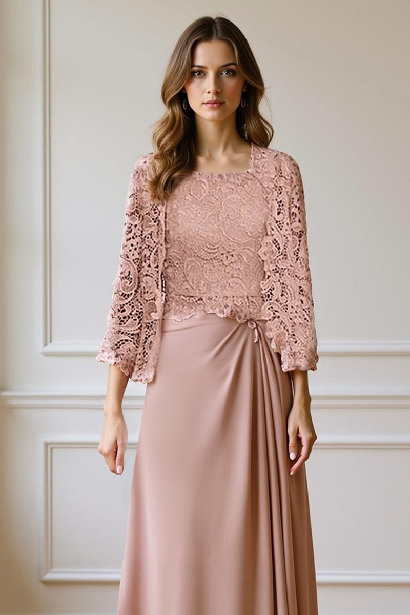 Load image into Gallery viewer, Peacock Green 2 Piece Square Neck A Line Long Mother of the Bride Dress with Lace