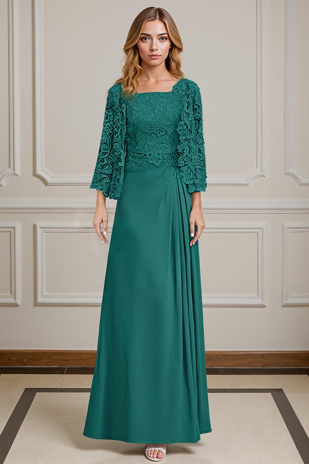 Peacock Green 2 Piece A Line Long Mother of the Bride Dress with Lace
