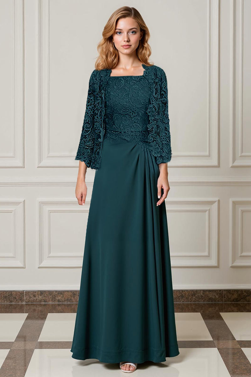Load image into Gallery viewer, Peacock Green 2 Piece Square Neck A Line Long Mother of the Bride Dress with Lace