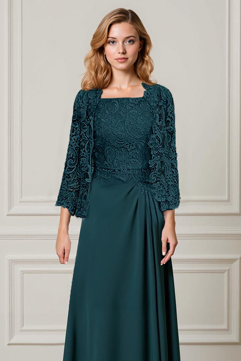 Load image into Gallery viewer, Peacock Green 2 Piece Square Neck A Line Long Mother of the Bride Dress with Lace