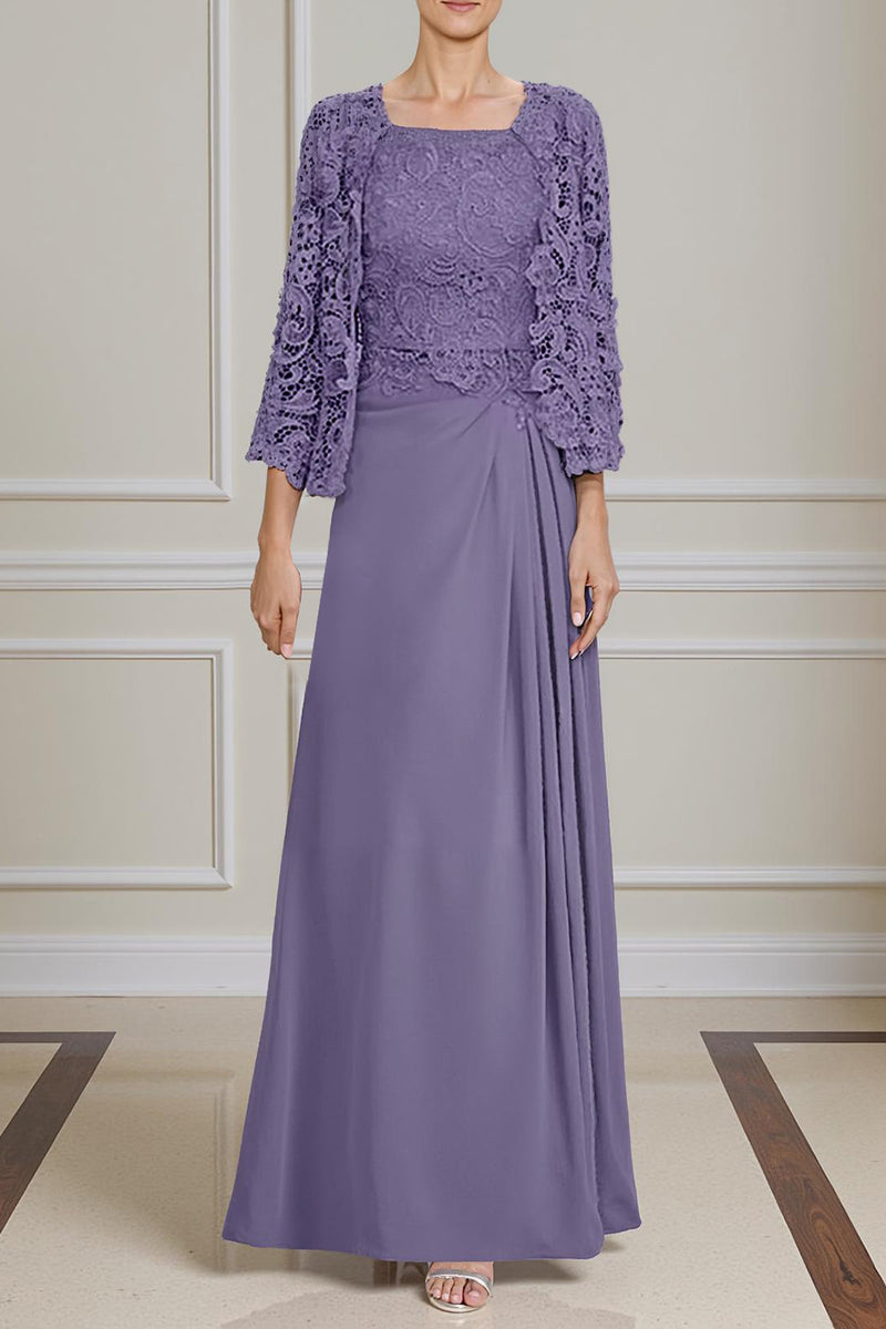 Load image into Gallery viewer, Peacock Green 2 Piece Square Neck A Line Long Mother of the Bride Dress with Lace