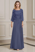Load image into Gallery viewer, Peacock Green 2 Piece Square Neck A Line Long Mother of the Bride Dress with Lace