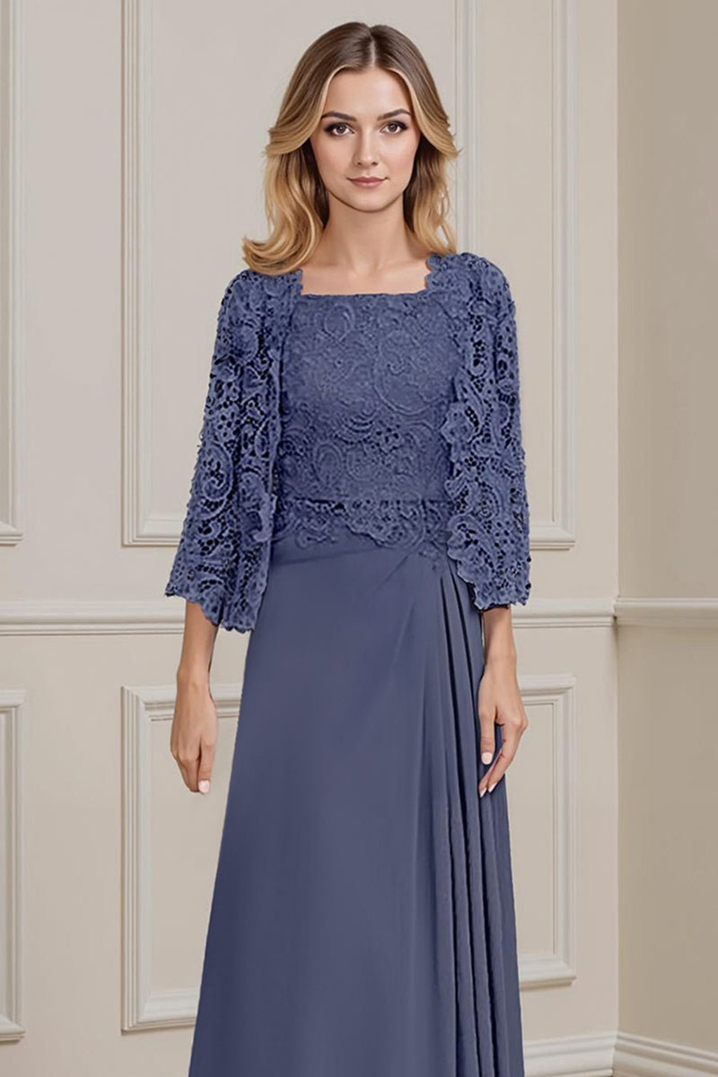 Load image into Gallery viewer, Peacock Green 2 Piece Square Neck A Line Long Mother of the Bride Dress with Lace