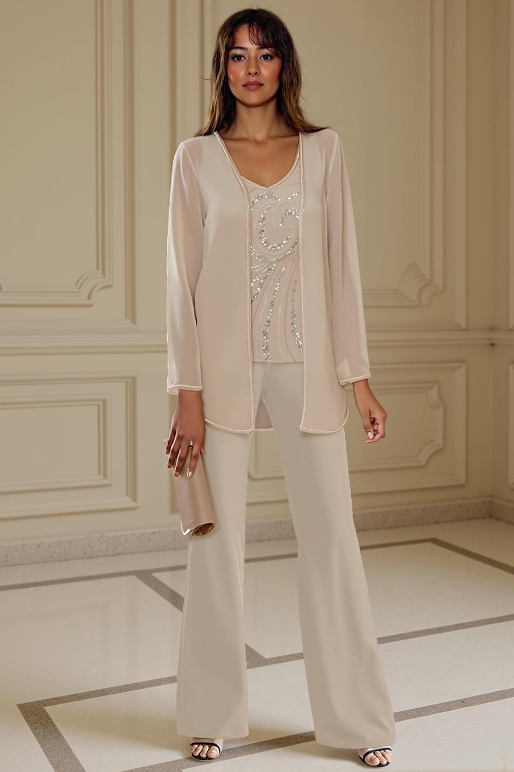 Sparkly Apricot 3 Piece Long Sleeves V Neck Long Mother of the Bride Pant Suits