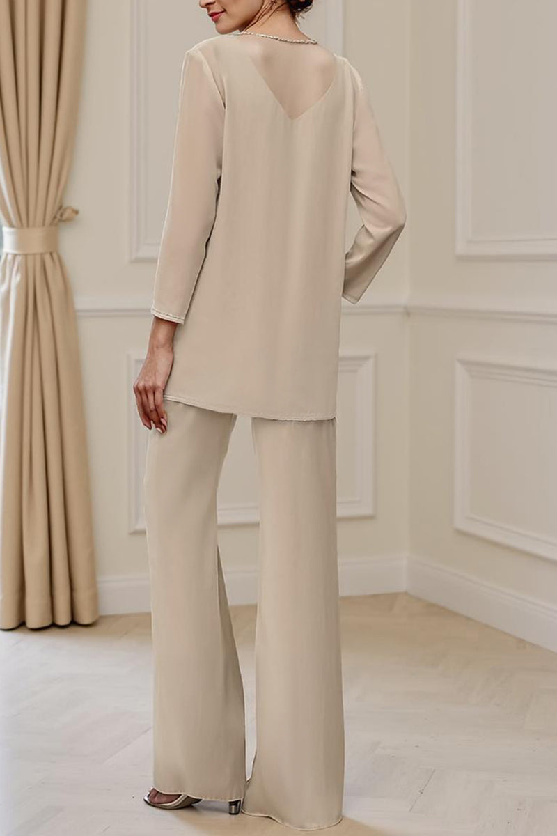 Load image into Gallery viewer, Sparkly Apricot 3 Piece Long Sleeves V Neck Long Mother of the Bride Pant Suits