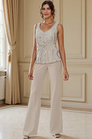 Load image into Gallery viewer, Sparkly Apricot 3 Piece Long Sleeves V Neck Long Mother of the Bride Pant Suits