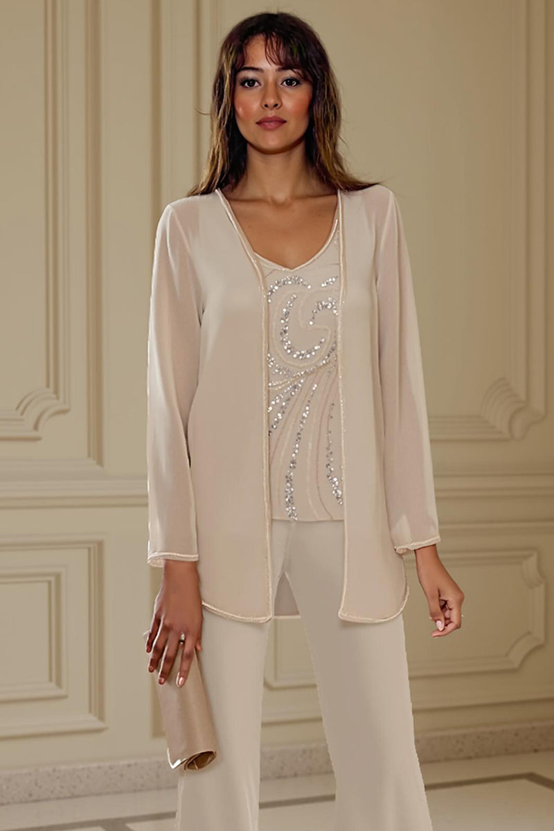 Load image into Gallery viewer, Sparkly Apricot 3 Piece Long Sleeves V Neck Long Mother of the Bride Pant Suits