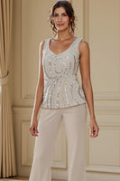 Load image into Gallery viewer, Sparkly Apricot 3 Piece Long Sleeves V Neck Long Mother of the Bride Pant Suits