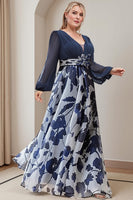 Load image into Gallery viewer, Navy Plus Size V Neck Long Mother of the Bride Dress with 3D Flowers