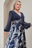 Load image into Gallery viewer, Navy Plus Size V Neck Long Mother of the Bride Dress with 3D Flowers