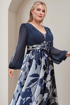 Navy Plus Size V Neck Long Mother of the Bride Dress with 3D Flowers