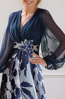Load image into Gallery viewer, Navy Plus Size V Neck Long Mother of the Bride Dress with 3D Flowers