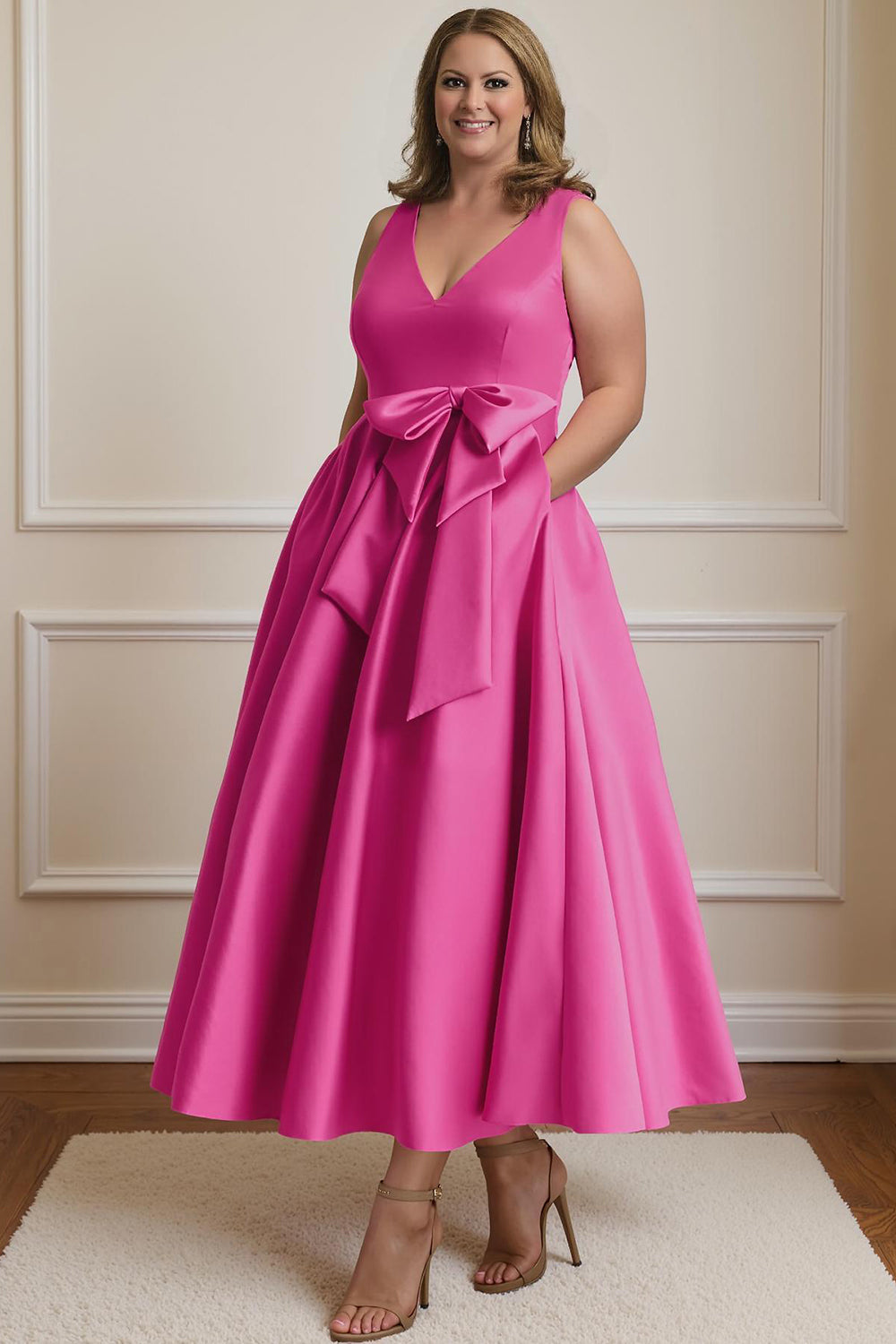 Fuchsia Plus Size V Neck A Line Ankle Length Mother of the Bride Dress with Bow