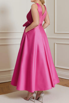 Fuchsia Plus Size V Neck A Line Ankle Length Mother of the Bride Dress with Bow
