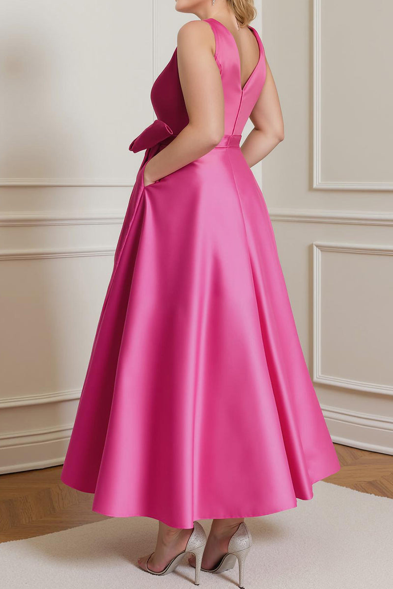 Load image into Gallery viewer, Fuchsia Plus Size V Neck A Line Ankle Length Mother of the Bride Dress with Bow