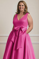 Load image into Gallery viewer, Fuchsia Plus Size V Neck A Line Ankle Length Mother of the Bride Dress with Bow