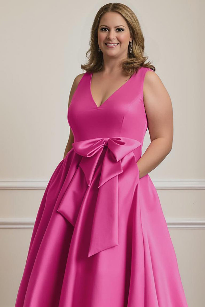 Load image into Gallery viewer, Fuchsia Plus Size V Neck A Line Ankle Length Mother of the Bride Dress with Bow