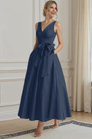 Load image into Gallery viewer, Fuchsia Plus Size V Neck A Line Ankle Length Mother of the Bride Dress with Bow