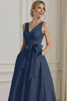 Load image into Gallery viewer, Fuchsia Plus Size V Neck A Line Ankle Length Mother of the Bride Dress with Bow