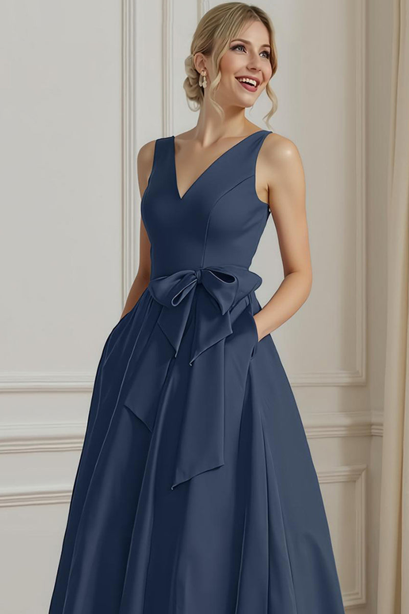 Load image into Gallery viewer, Fuchsia Plus Size V Neck A Line Ankle Length Mother of the Bride Dress with Bow