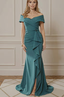 Load image into Gallery viewer, Peacock Blue Mermaid Off the Shoulder Long Mother of the Bride Dress with Slit