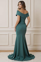 Load image into Gallery viewer, Peacock Blue Mermaid Off the Shoulder Long Mother of the Bride Dress with Slit