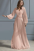 Load image into Gallery viewer, Blush Pink V-Neck A Line Pleated Long Mother of the Bride Dress with Sleeves