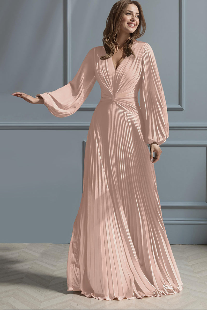 Load image into Gallery viewer, Blush Pink V-Neck A Line Pleated Long Mother of the Bride Dress with Sleeves
