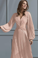 Load image into Gallery viewer, Blush Pink V-Neck A Line Pleated Long Mother of the Bride Dress with Sleeves
