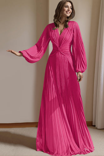 Blush Pink V-Neck A Line Pleated Long Mother of the Bride Dress with Sleeves