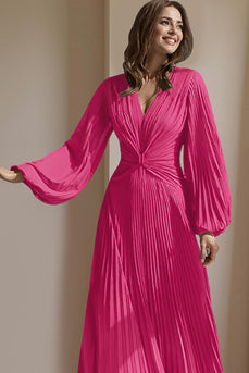 Blush Pink V-Neck A Line Pleated Long Mother of the Bride Dress with Sleeves