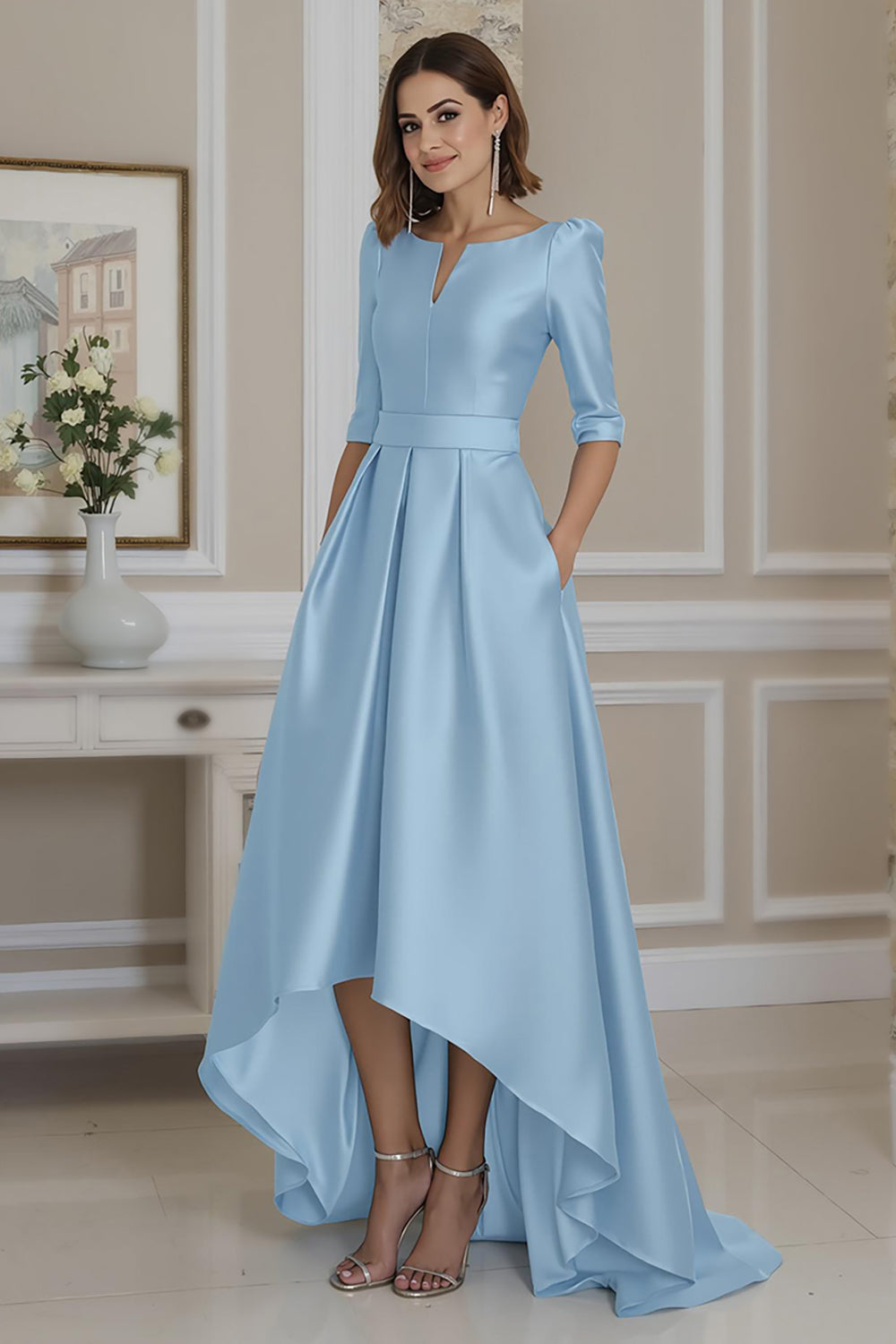 Light Blue A Line High Low Mother of the Bride Dress with Sleeves