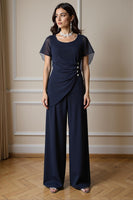 Load image into Gallery viewer, Navy 2 Piece Ruched Long Chiffon Mother of the Bride Pant Suits with Sleeves