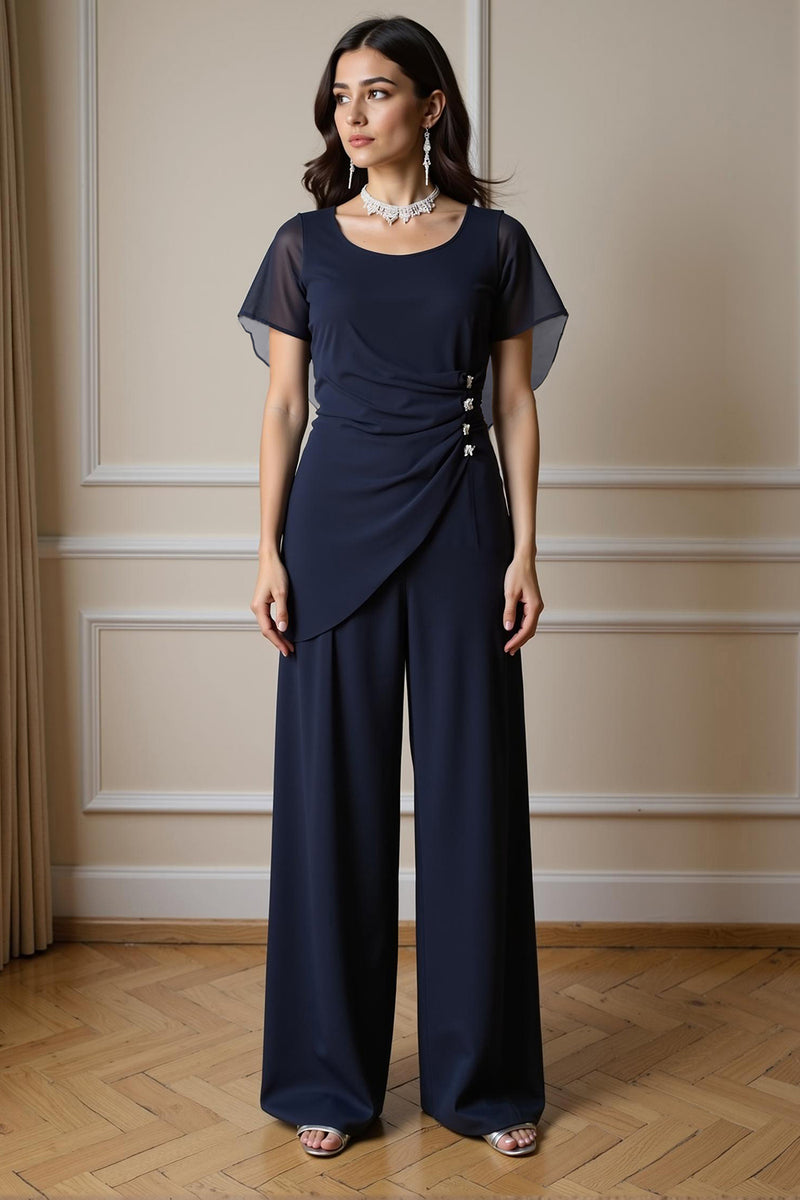 Load image into Gallery viewer, Navy 2 Piece Ruched Long Chiffon Mother of the Bride Pant Suits with Sleeves