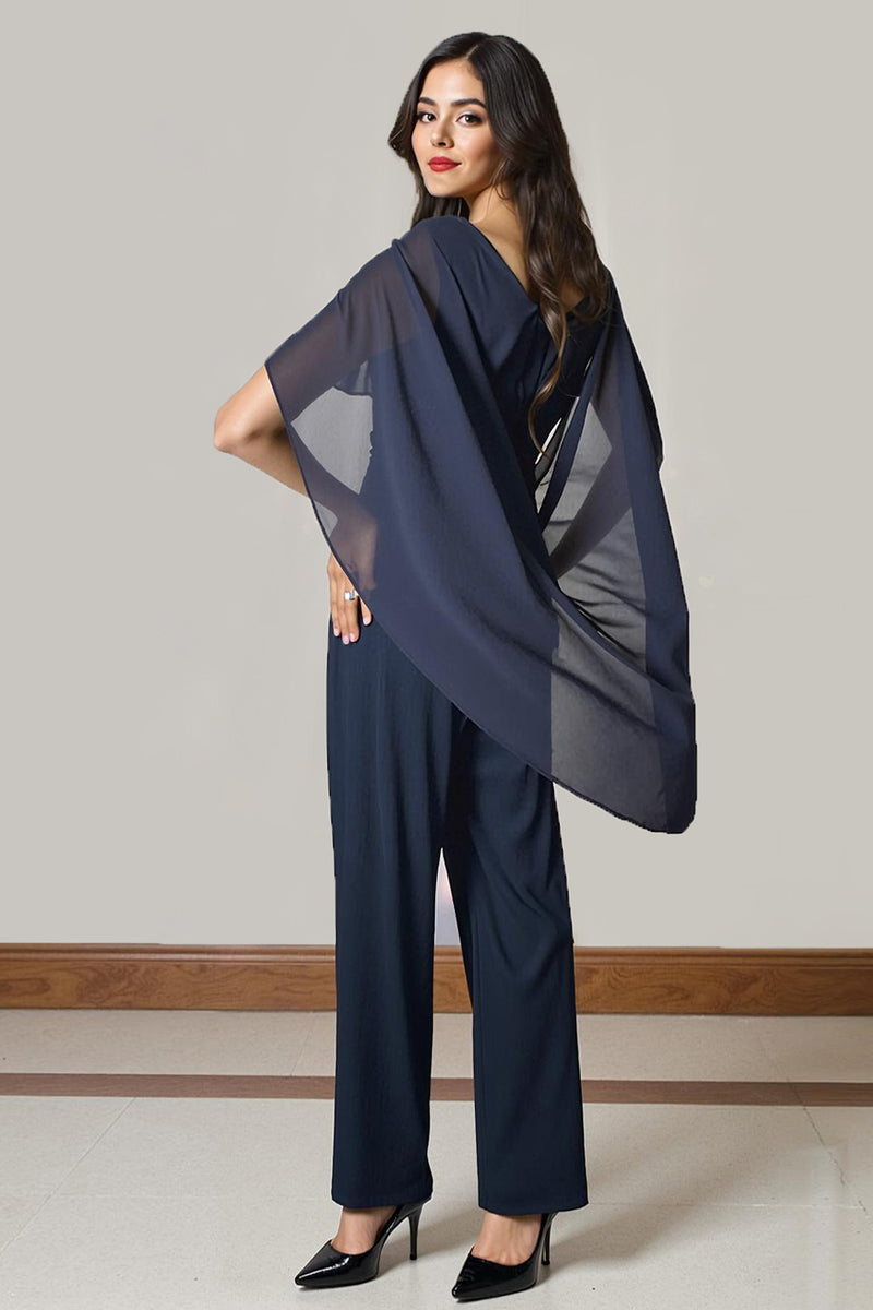 Load image into Gallery viewer, Navy 2 Piece Ruched Long Chiffon Mother of the Bride Pant Suits with Sleeves