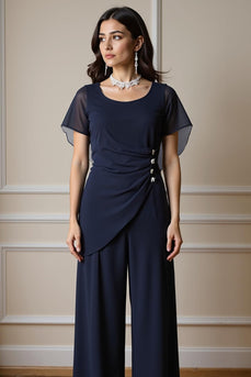 Navy 2 Piece Ruched Long Chiffon Mother of the Bride Pant Suits with Sleeves