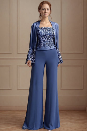 Navy 3 Piece Long Sleeves Mother of the Bride Pant Suits with Lace
