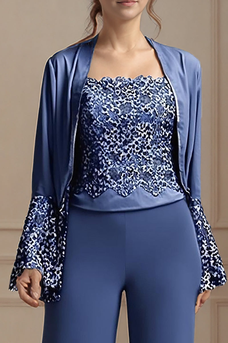 Load image into Gallery viewer, Navy 3 Piece Long Sleeves Mother of the Bride Pant Suits with Lace