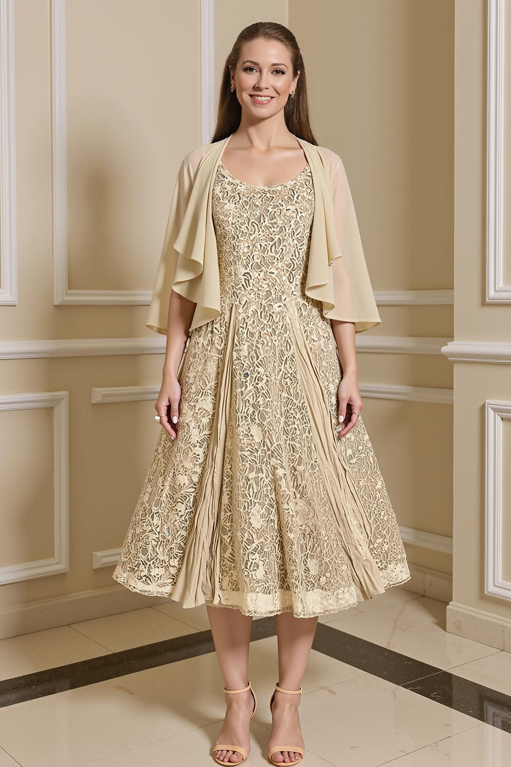 Champagne 2 Piece Tea Length Lace Mother of the Bride Dress with Jacket
