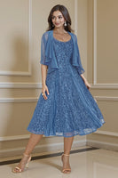 Load image into Gallery viewer, Champagne 2 Piece Tea Length Lace Mother of the Bride Dress with Jacket