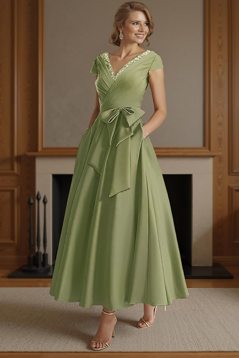 Load image into Gallery viewer, Dusty Sage V Neck A Line Ruched Ankle Length Mother of the Bride Dress with Bow