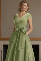 Load image into Gallery viewer, Dusty Sage V Neck A Line Ruched Ankle Length Mother of the Bride Dress with Bow