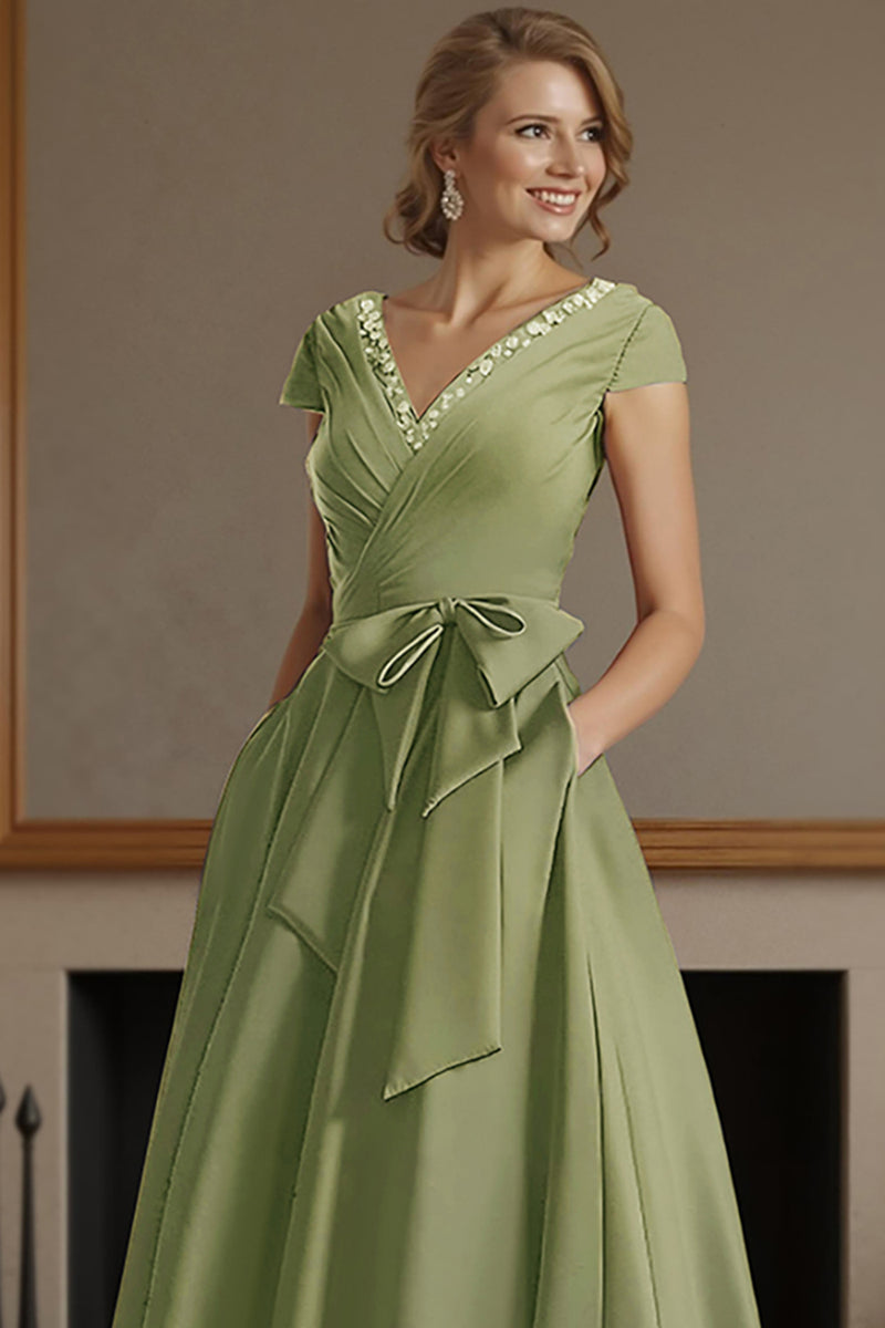 Load image into Gallery viewer, Dusty Sage V Neck A Line Ruched Ankle Length Mother of the Bride Dress with Bow