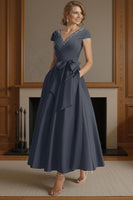 Load image into Gallery viewer, Dusty Sage V Neck A Line Ruched Ankle Length Mother of the Bride Dress with Bow