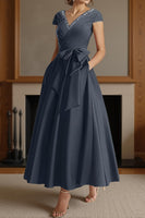 Load image into Gallery viewer, Dusty Sage V Neck A Line Ruched Ankle Length Mother of the Bride Dress with Bow