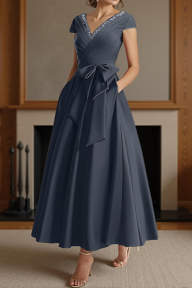 Load image into Gallery viewer, Dusty Sage V Neck A Line Ruched Ankle Length Mother of the Bride Dress with Bow