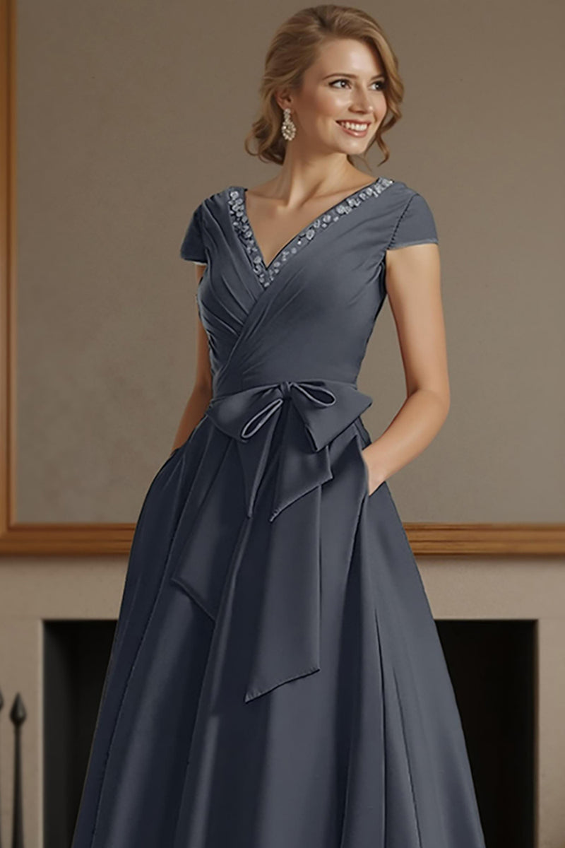 Load image into Gallery viewer, Dusty Sage V Neck A Line Ruched Ankle Length Mother of the Bride Dress with Bow