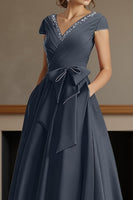 Load image into Gallery viewer, Dusty Sage V Neck A Line Ruched Ankle Length Mother of the Bride Dress with Bow