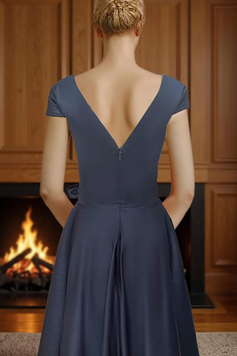 Load image into Gallery viewer, Dusty Sage V Neck A Line Ruched Ankle Length Mother of the Bride Dress with Bow