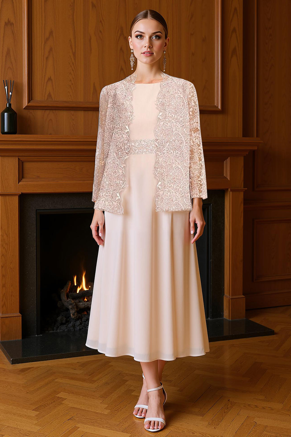 Blush Pink 2 Piece Tea Length Mother of the Bride Dress with Lace Jacket